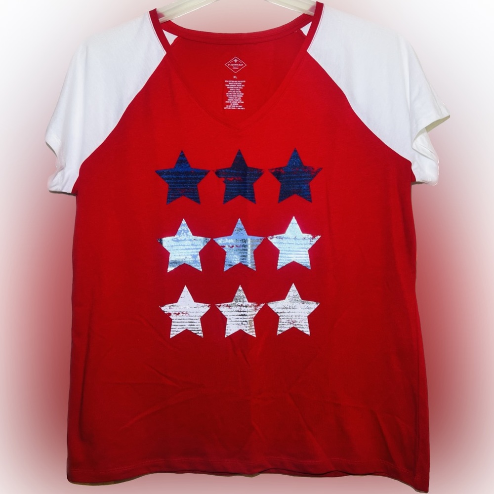 🔴NWOT Women ST JOHNS BAY Short Sleeve V- Neck Americana Patriotic T-Shirt XL